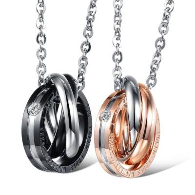 China Fashion Jewelry High Quality Romantic Stainless Steel Love Couples Punk Necklace With Double-Rings Pendant for sale