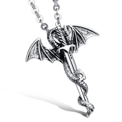 China TRENDY Hip Hop Style Jewelry Stainless Steel Dragon Sword Wings Trendy Pendant Necklace For Men for sale