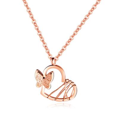 China New Design Personality Jewelry TRENDY Rose Gold Plated Stainless Steel Heart Butterfly Necklace For Women for sale