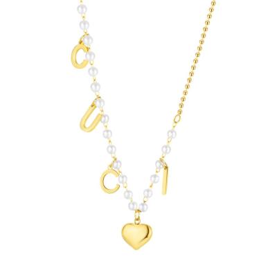 China New Fashion Design Personality Jewelry Gold Plated Stainless Steel Pearl Heart Necklace With Letter for sale