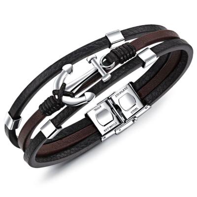 China FASHIONABLE Vintage Personality Jewelry Stainless Steel Anchor Brown Weave Multilayer Braided Leather Bracelet for sale