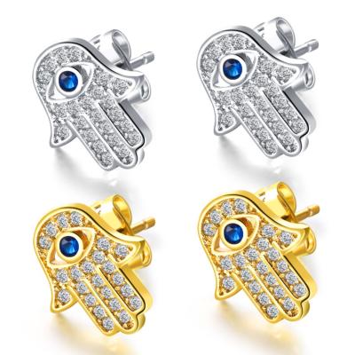 China Trendy Tasty Jewelry Zirconia Stone Paved Hamsa Hand Awakening Eye Earring Studs For Women/Girls for sale