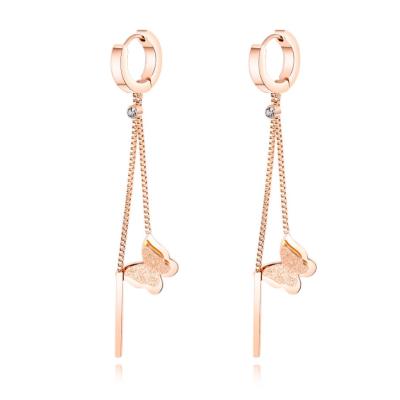 China Punk Tasty Korean Elegant Jewelry Rose Gold Plated Stainless Steel Butterfly Chain Earrings for sale