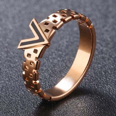 China 2021 New Fashion 18K Rose Gold Plated Stainless Steel Black Letter CLASSIC V Shape Men's Rings for sale