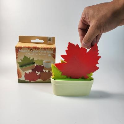 China 6PCS Maple Branches Heat Resistant Wholesale Viable Autumn Leaf Branches Silicone Cup Coaster Set With Plant Pot Holder for sale