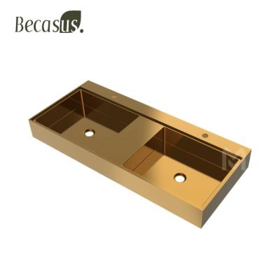 China Modern Rose Gold Double Bowls Rectangular Undermounted Corner Sink Stainless Steel Bathroom Sink for sale