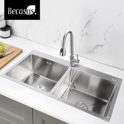 China Faucet 304 Stainless Steel Double Bowls Kitchen Sinks Stainless Steel Chrome Hand Made Colorless for sale