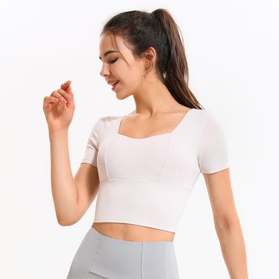 China 2021 New Breathable Yoga Tops Use Elasticity Fitness Square Collar Training Gym Yoga Activewear Beauty Back Fashion Shorts Slim T-shirt for sale