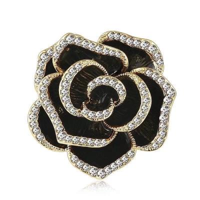 China Hot Sale Fashionable Diamond Studded Flower Brooch Black Rose Brooch Simple Personality Classic Camellia Pin For Women for sale