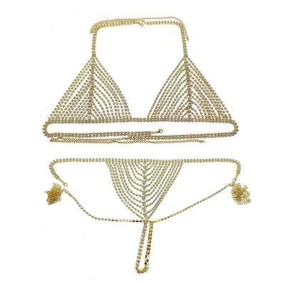 China Fashion Sexy Rhinestone Underwear Set Cavity Mesh Transparent Rhinestone Bikini Women Crystal Bra Thong Body Chain Body Jewelry for sale