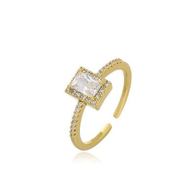 China Fashionable Hot Selling Silver Plated Super Instant Exquisite Opening Wedding Ring For Women 18k Gold Square Luxury Zircon Proposal Engagement Ring for sale