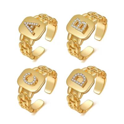 China Fashionable Best Selling 2022 New Adjustable 18k Gold Plated Letter Rings A-Z Letter Ring Gold Watchband Square Initial For Women for sale