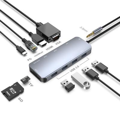 China USB-C Multiple Ports Support Multi Plugs Function 11 In 1 USB C Hub Support HDMI VGA LAN PD Charger Port for sale