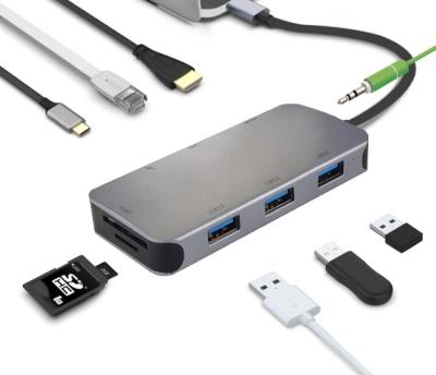 China USB-C Multiple Ports Support Plugs Type C USB Hub USB3.0*3 HD-MI*1 AUDIO3.5mm*1 SD*1 TF*1 PD*1 9 Port Support All type-c channel computers for sale