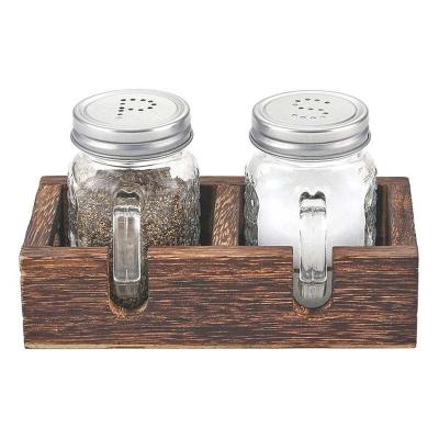 China MINGCAN Kitchen Condiment Spice Stocked Glass Salt Jars Sugar Can Food Storage Containers Set With Wooden Tray for sale