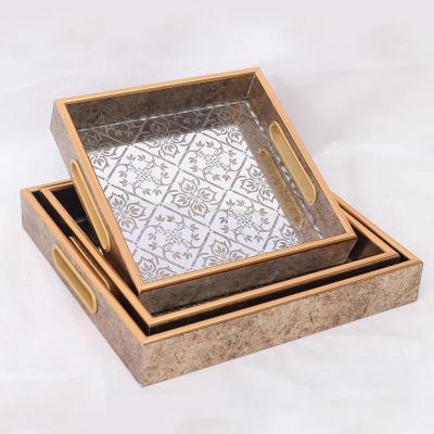 China Home.Restaurant.Bar.Hotel.Wedding. Plastic Glass Trinket Tray Gilding And Carving Gold Tray Square Glass Mirror Tray Super Markets Promotion Ahome Decorative Gold for sale