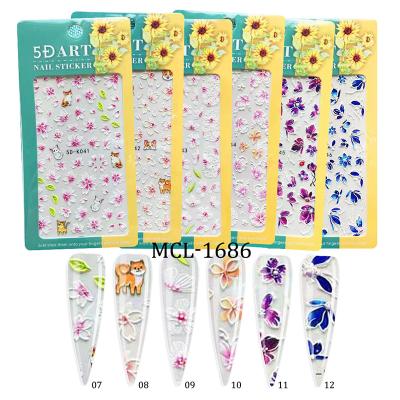 China Hot Selling 5D Nail Art Flowers Animal Cartoon Embossed Nail Art Sticker For Nail Art With 12 Designs for sale