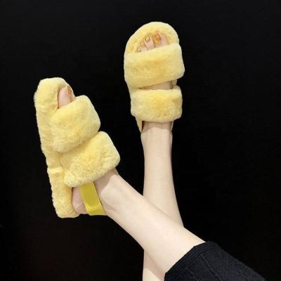 China Cushioning Custom Cross Band Soft Plush Imitated Rabbit Fur Slippers Fuzzy Fluffy Open Toe House Fluffy Slippers For Women for sale