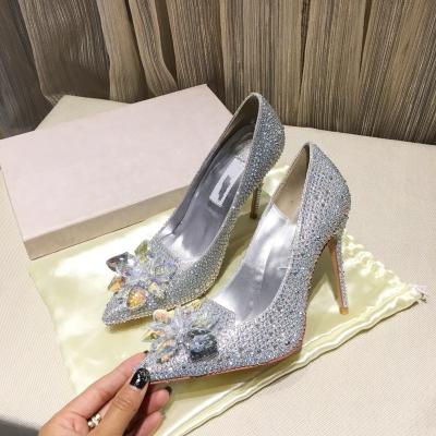 China Luxury Cinderella Pointed Toe Flower Crystal Glass High Heels Wedding Shoes Ladies Fashion Trend Rhinestones Gold Stilettos for sale