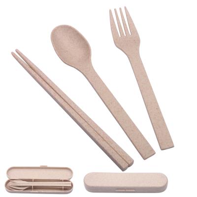 China Sustainable Portable Spoon Fork Chopsticks Set Kids Plastic Cutlery Set Wheat Straw for sale