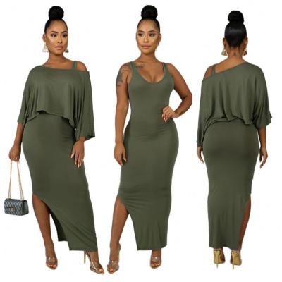 China New Style Anti-static Solid Split Dress Strap Top Women Long Dress Sloping Two Piece Sets for sale