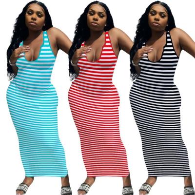 China New Arrival Anti-Static Suspender Striped Long Dresses Elegant Women Summer Casual Sleeveless Straight Tank Dress for sale