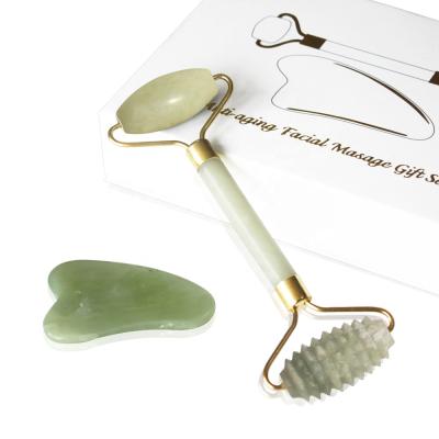 China Portable/Durable/Washable Jade Rodillo Pequeo Message Dual Big Head Beads Needle Jade Roller Gua Sha Massage Set Facial Roller Green Xiu Yan Jade Stone for sale