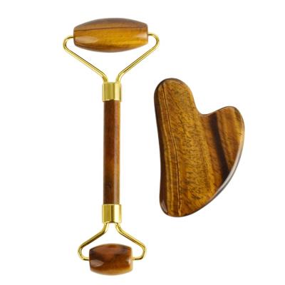 China Hot Amazon Selling Body Beauty Skin Care Tools Tiger Eye Stone Jade Roller Gua Sha Massage Tool Kit Jade Roller Gua Sha With Gift Box for sale