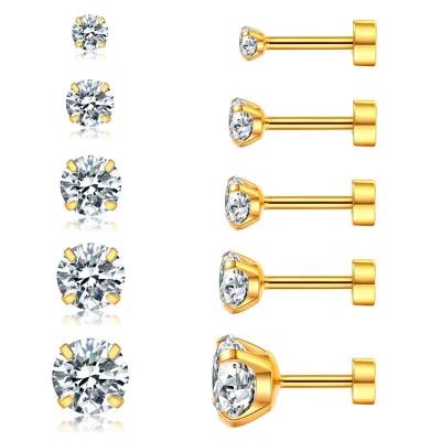 China Gold Plated Stainless Steel Fashion CZ Screw Back Earrings Flat Back Earrings Crystal Stud Earrings 3/4/5/6/8MM Hiphop KMLS5001-1 New for sale