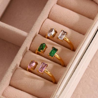 China KMLS2032 CLASSIC Minimalist 18K PVD Gold Plated Stainless Steel Zircon Open Cuff Rings Diamond Adjustable Rings Rectangular CZ for sale