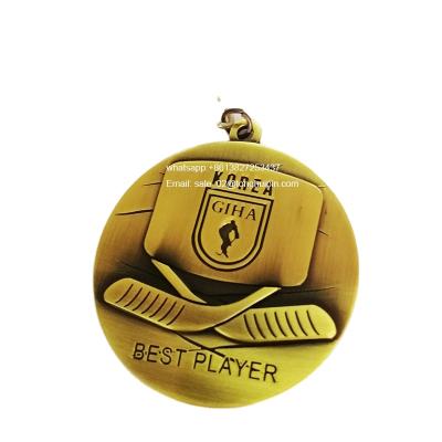 China World Best Player Medallion Ice Hockey Gold 3D Hockey Sports Awards Antique Medals for sale