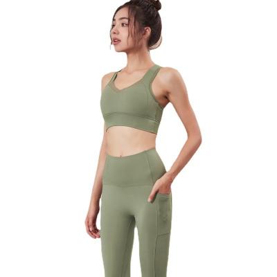 China Breathable Yoga Set For Women 2 Piece High Waist Legging Mesh Splicing Sports Bra Fitness Wear for sale