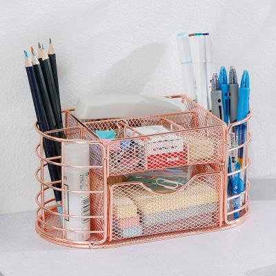 China Viable Desktop Decoration Rose Gold Mesh Metal Stationery Multifunctional Basket And Pen Holder With Good After Sales Service for sale