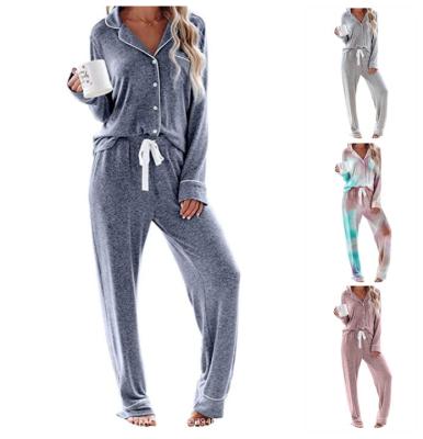 China High Quality Thermal Tie Dye Lapel Button Long Sleeve Pajamas Suit Winter Popular 2 Pcs Set Pajamas for sale