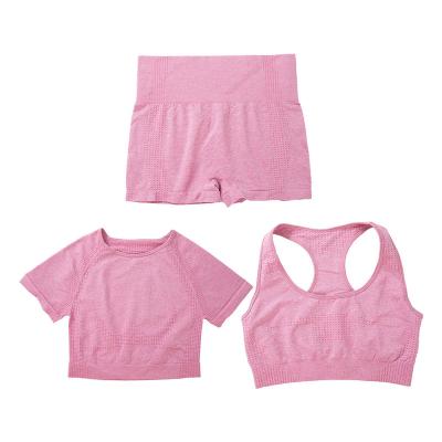 China Wholesale Antibacterial Seamless Fitness Yoga Wear 3pcs Women Workout Gym Sets With Sexy Yoga Leggings Bra And T-shirt for sale