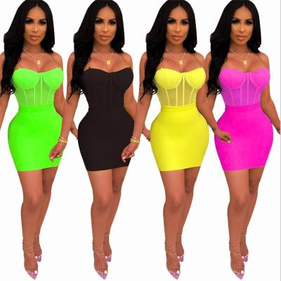 China 202 First Order Summer 4colors Women's Long Sleeve Jumpsuit + Chain Strap Skirt Two Piece 2 Piece Clubwear Ladies Dress for sale