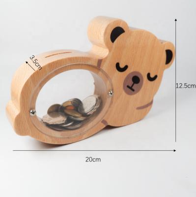 China New Belly Design Children 2021 Transparent Back To School Gift Wooden Cute Piggy Bank Toy Bear Money Box Coin Bank for sale