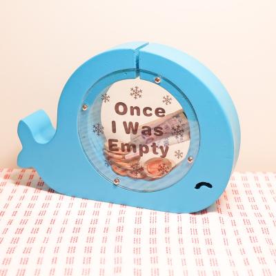 China Belly Blue Whale Piggy Bank Transparent Solid Wood Wood Opens Coin Bank Kids Coin Decoration Wooden Piggy Bank for sale