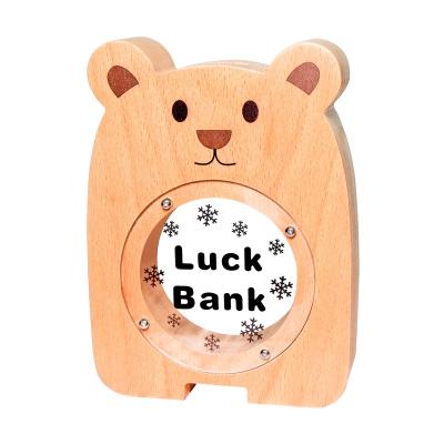 China Transparent Cute Piggy Bank Decoration Wooden Bear Belly Piggy Bank Kids Gift Wooden Coin Bank for sale