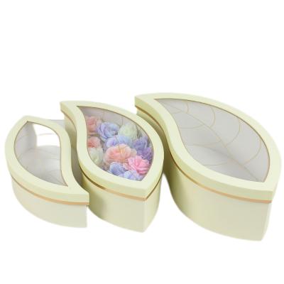 China Handmade Luxury 3pcs/set Leaf Shaped Flower Gift Paper Boxes With Clear PVC Window for sale