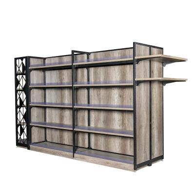 China High quality single sided factory steel and wooden shelves for supermarket retail snacks for sale