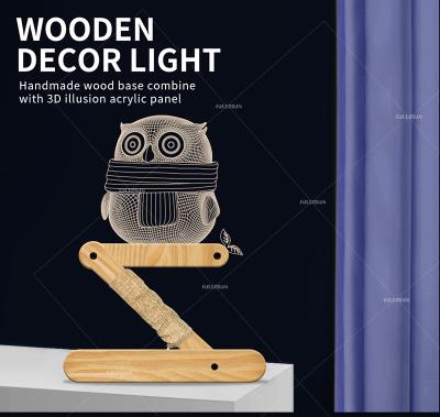 China Fullosun Wooden Cute Owl 3D Acrylic Night Light Folding Wooden Lamp Wooden Toys For Kids Christmas Gift for sale