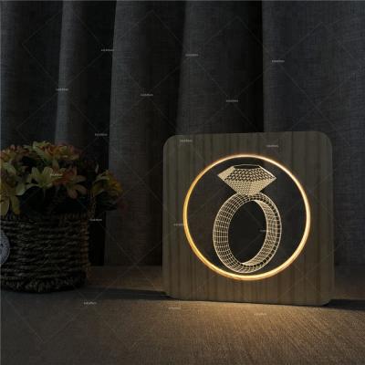 China FS-A2816W 3d modern acrylic lamp valentines gift wooden table lamp diamondring wooden lamp led 3d for sale