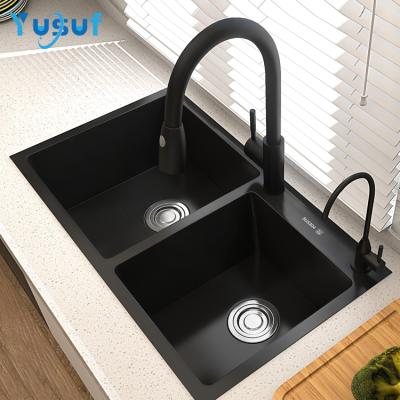 China With Faucet Over Counter Handmade Nano Double Black Non Fading Black Stainless Steel Kitchen Sinks Basin Sink for sale