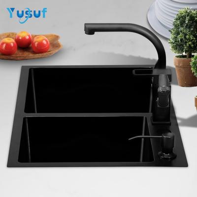 China With Faucet High Quality Customize Kitchen Sink Double Bowl Black Nano Size 304 Stainless Handmade for sale