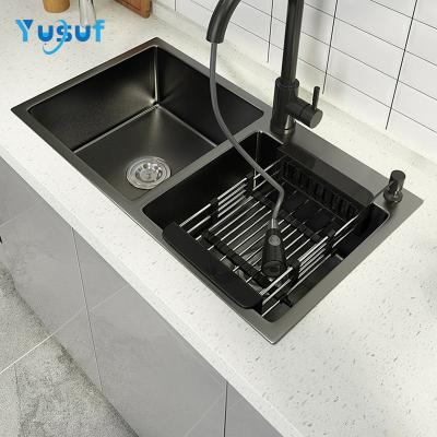 China With Faucet Nano Undermount 304 Stainless Steel Double Bowl Black Handmade Colored Kitchen Sink for sale