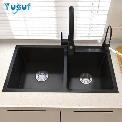 China With Faucet Kitchen Sinks Nano Black Handmade Double Basin Sink With Factory Price for sale