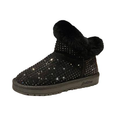 China 2022 Winter Snow Plush Boots Women Flat Rhinestone Fleece Shoes Cotton Soft Bottom Shoes for sale