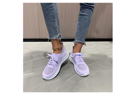 China 2022 Trend Fashion Sock Shoes Women Sneakers Lace Up Color Contrast PU Splicing Woven Net Shoes for sale