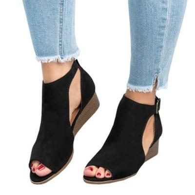 China 2022 Fashion Trend Ladies Suede Wedge Sandals Fish Mouth Open Toe Buckle Adjustable Leather Toe Sandals for sale